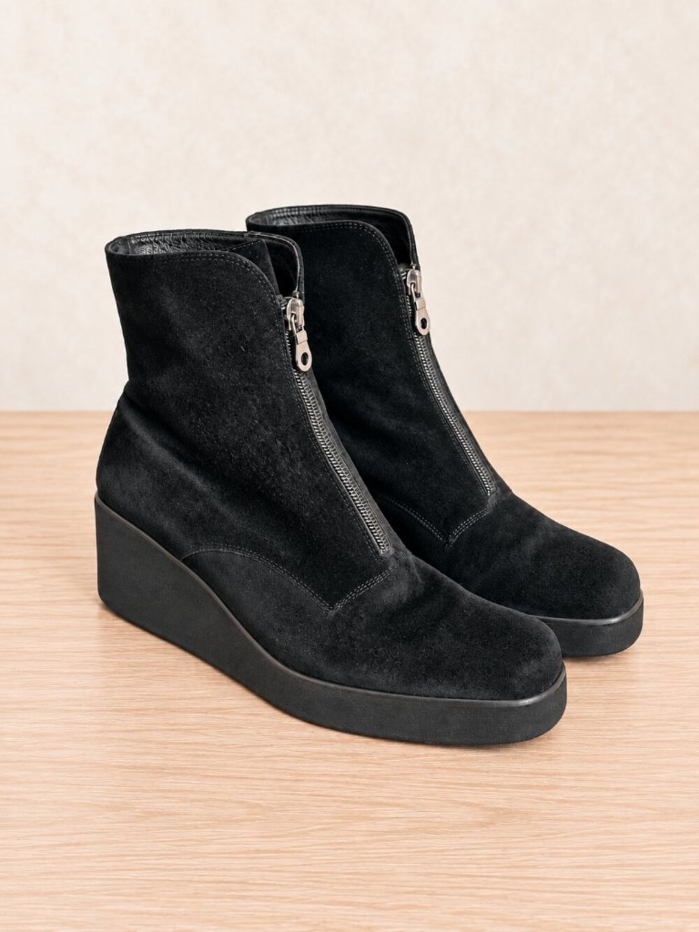 Vintage 90s Ferragamo Boutique Black Suede Zip Wedge Boots 6.5 B